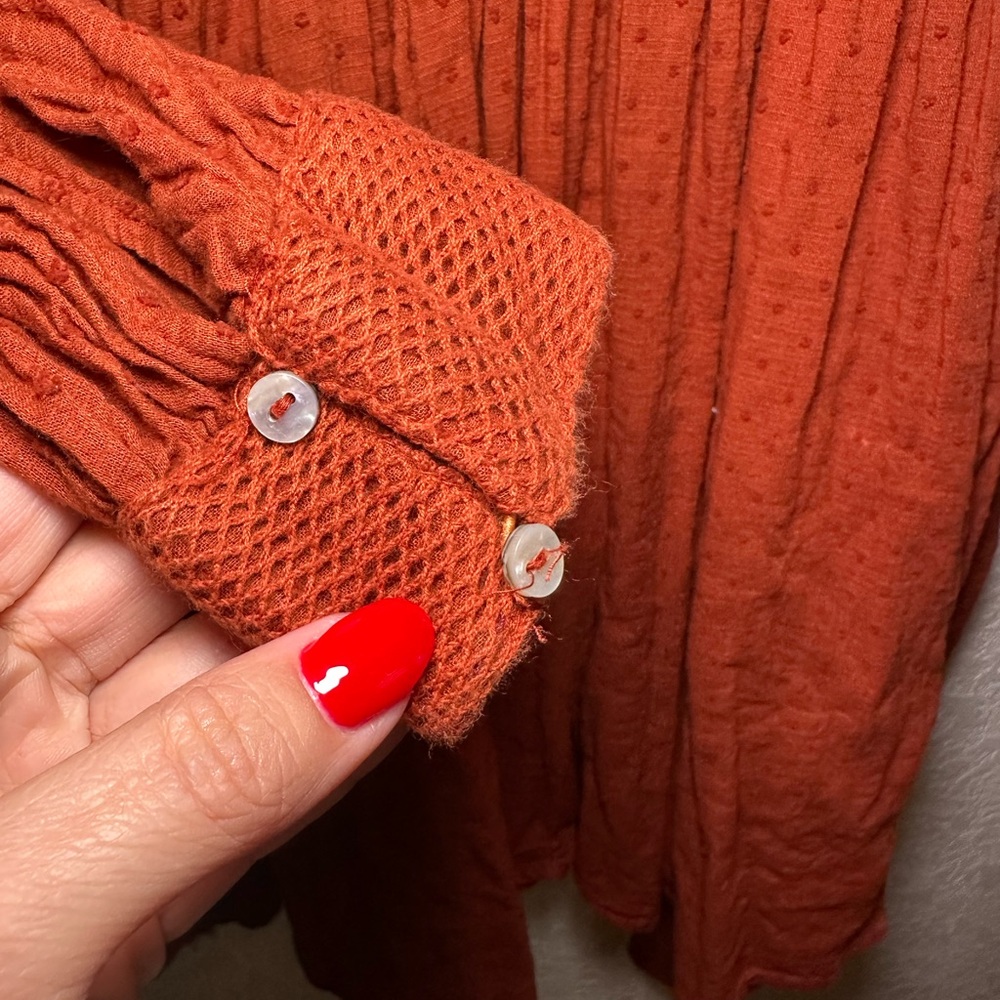 Free People Sugarpie Crochet Mini Dress Deep V Smocked Tie Waist Cinnamon Large - Picture 12 of 15